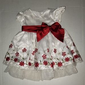 Bonnie Baby White Dress with Red Floral Embroidery Bow Lace Layer